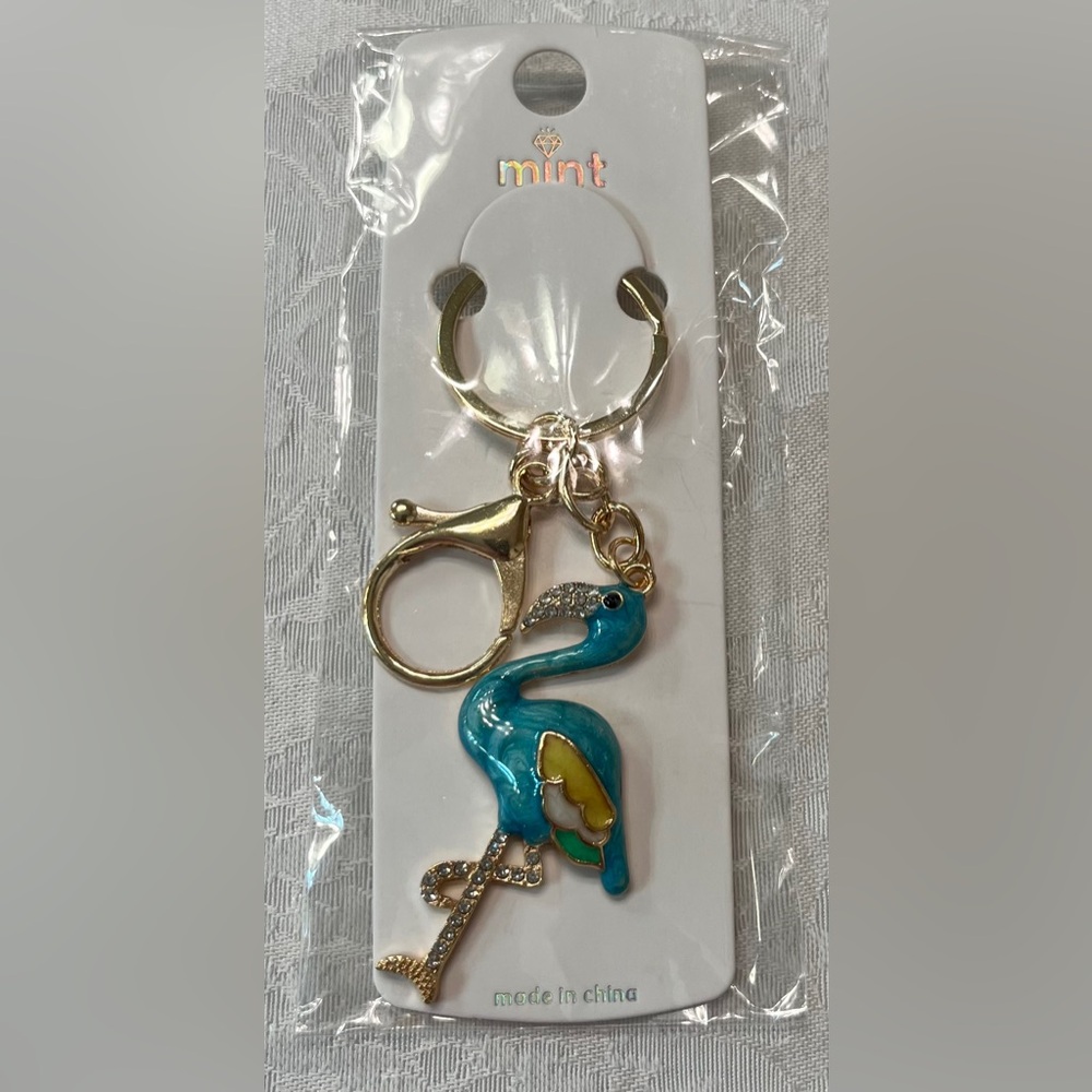 💕 5 for $25 💕 Mint Flamingo Keychain in Teal Blue Gold Accents and Rhinestones